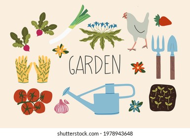 Vector set of garden and farm elements. Hand drawn illustration. Radish, gardening tools, watering can, chicken, gardening gloves, vegetables, seeding,flowers, flower bed. All elements are isolated