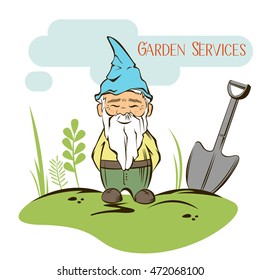 Vector Set Of Garden Gnome With Tools. For Garden Services Logo