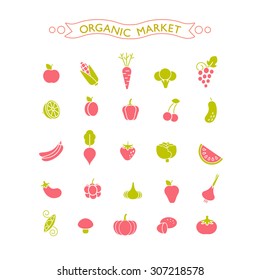 Vector set of garden icons. Fruits, vegetables and other plants. Banner with title "Organic market".