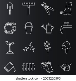 Vector Set of Garden Icons. Gardening Tools and Plants Outline Symbols