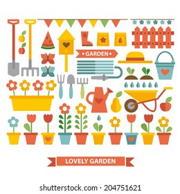 Vector set of garden items in flat style. Flowers in a pot, plants, garden tools, other garden items drawn in a minimalist cartoon style.