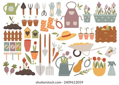 Vector set of garden items in hand drawn style isolated on white background. Agricultural and gardening tools for spring work.