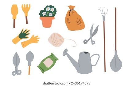 Vector set of garden items in hand drawn style isolated on white background. Agricultural and gardening tools for spring work.