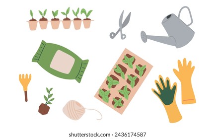 Vector set of garden items in hand drawn style isolated on white background. Agricultural and gardening tools for spring work.