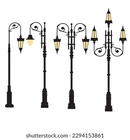 Conjunto vectorial de lámparas de jardín o siluetas de lámparas de calle 