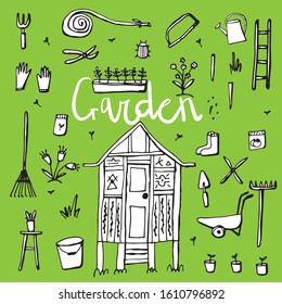 Vector set of garden and landscaping icons. Tools, equipment and plants. Garden house. Country house. Icons in sketch style.