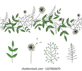 Vector  set of garden plant design elements and pattern brush with stylized dandelion. Hand drawn cartoon style illustration. Cute summer or spring templates for wedding, holiday or card design