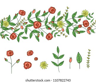 Vector  set of garden plant design elements and pattern brush with stylized rose, daisy. Hand drawn cartoon style illustration. Cute summer or spring templates for wedding, holiday or card design