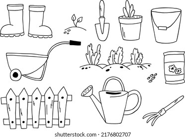 Vector set of garden things, tools, plants. Collection of gardening equipment handdrawn elements.