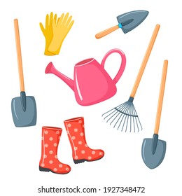 Vector set of garden tools. Bright garden equipment in a cartoon style. Garden wheelbarrow, watering can, shovels isolated on white background
