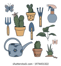 Vector set of garden tools and cactus isolated on white background. Flat cartoon illustration