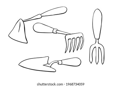 Conjunto de vectores de herramientas de jardín: guau, cuchara. Ilustración de estilo de doodle dibujado a mano, aislado. Elemento de jardinería. Herramientas para trabajar en la granja, en el país