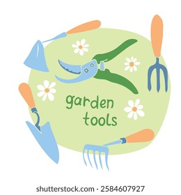 Vector set of garden tools: hoes, fork, pruner, pruning shears, flat style, isolated. Equipment for working in the garden, on farm, dacha, country site