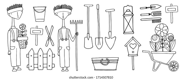 Vector Set Of Garden Tools And Objects Garden In Doodle Style. The Boys Work In The Garden. Plants In Pots And A Wheelbarrow.