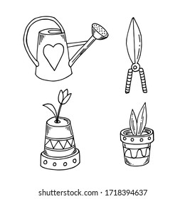 Conjunto vectorial de herramientas de jardín y objetos jardín en estilo doodle. Plantas en ollas. Se puede utilizar como muestra para el diseñador. Eps 8.