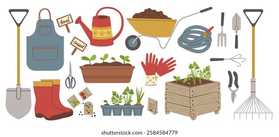 Vector set of garden tools. Seedlings, wheelbarrow, watering can, rubber boots isolated on white background. Houseplant transplanting equipment set. Big set of garden elements and tools.