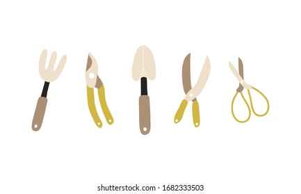 Vector set of garden tools. Shears, pruners, spade, pitchfork, garden shears. Garden tools isolated on a white background.