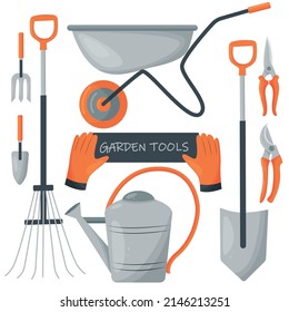 Vector set of garden tools. Trolley, shovel, pruner, watering can, rake, gloves, shovel