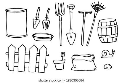 Vector set of garden tools wooden fence, barrels, bag, shovels and rake with flower pot hand drawn in doodle style with black line on white background for design template