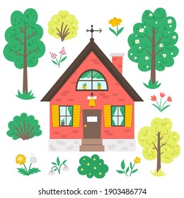 Vector set with garden or trees, plants, flowers and country house isolated on white background. Flat spring farm illustration with cottage. Natural greenery icons collection
