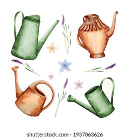 Conjunto vectorial de lata de riego de jardín, acuarela, lavanda, flores, dibujo a mano, fondo, cartel, postal. Jardín de primavera.
