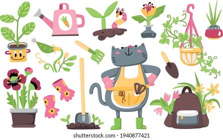 Vector set with gardener cat, garden tools and plants.