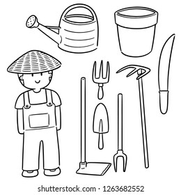 vector set of gardener and gardening equipment