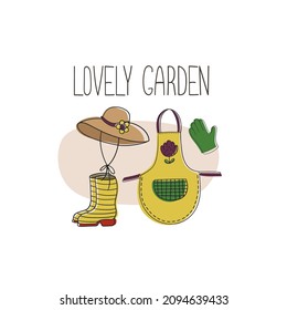 Vektorset für Gartenkleidung, einschließlich Schürze, Hut, Gummistiefel und Handschuhe in handgezeichnet gezeichnet.