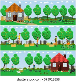 Vector set of gardening concept posters, banners in flat style. Gardeners planting, harvesting, selling fruit and vegetables.