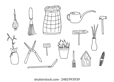 Vector Set of gardening doodle illustrations. Watering and planting seedlings, tool for cultivating crops isolated on white background. Vector hand drawn harvesting drawings.