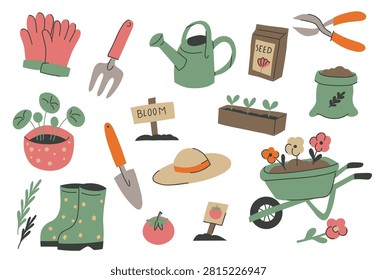 Vector set of gardening elements in a naive hand-drawn style. Collection of clip art for stickers and postcards. Gardening and horticulture.