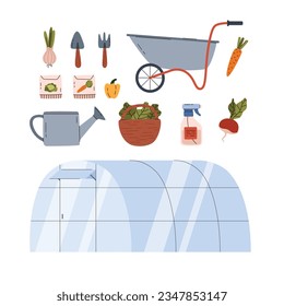 Vector set of gardening farm equipment. Illustrations of vegetables, seeds, watering can, wheelbarrow isolated on white background. Various agricultural and garden tools for spring work in greenhouse