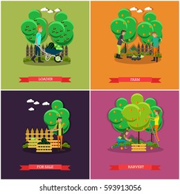 Vector set of gardening and farming concept posters, banners. Loader, Farm, For sale and Harvest design elements in flat style.