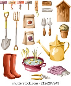 Vector set of gardening, farming items. Isolated objects on a light background, suitable for creating backgrounds, patterns, prints, banners, advertising, invitations.