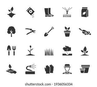 Conjunto vectorial de iconos planos de jardinería. Contiene íconos de planta, hierba, herramienta de jardín, fertilizante, jardinero, cortadora de césped, árbol y más. Pixel perfecto.