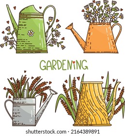 Jardinería de vectores: cuatro latas de agua brillantes con margaritas y espigas, y corazones