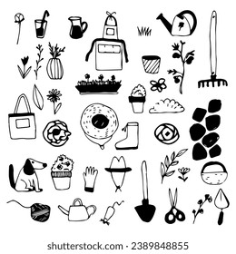 Vector set of gardening hobbies and tools.