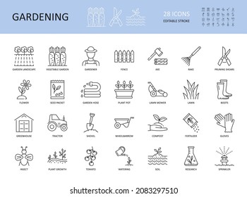 Vector set of gardening icons. Editable Stroke. Plant flower care agriculture water shovel lawn grow. Vegetable seed pot grass fence rake. Wheelbarrow landscape greenhouse tractor watering research.