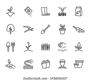 Vector set of gardening line icons. Contains icons plant, grass, garden tool, fertilizer, gardener, lawn mower, tree and more. Pixel perfect.