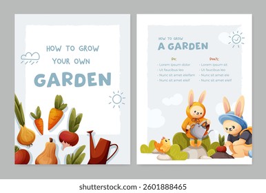 Vector set of gardening posters with a light grey background. Banners featuring bunnies and a chick watering a carrot, and illustrations of fresh vegetables: radish, carrot, pumpkin, onion, and tomato