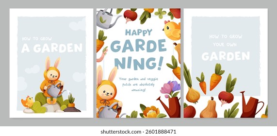 Vector set of gardening posters with a light grey background. Features cute vegetables and spring flowers, a bunny with a watering can, a chick and happy gardening messages