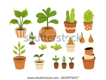 Vector set of gardening pots and plants in pots isolated on white background. Bundle of home plants and repotting. Big set of garden elements.