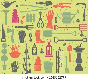 Vector set of gardening tools. Agriculture equipmen for design. Silhouettes of garden items and plants. Seamless pattern decor.