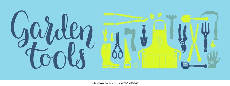 Vector set of gardening tools. Agriculture equipment for design. Silhouettes of garden items and plants