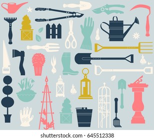 Vektorset von Gartenwerkzeugen. Landwirtschaftliche Ausstattungsgeräte. Silhouetten von Gartenartikeln und Pflanzen. Nahtloses Muster.