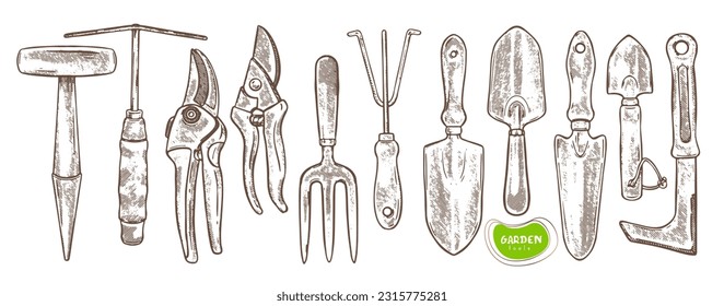 Vector set of Gardening tools. Collection of hand drawn vector illustration, line art. 