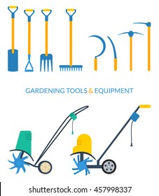 Vector set of gardening tools and equipment: ditch or post spade, hoe, pitchfork, rake, sickle, mattock, pick-axe, electric cultivator.