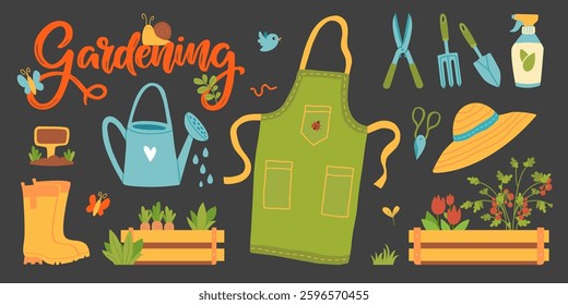 Vector Set of Gardening Tools and Flowers in Flat Cartoon Style: Rubber Boots, Seedlings, Tulips, Pruning Shears, and Gloves on a Dark Background