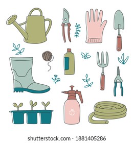 Vector set of gardening tools in hand drawn style isolated on a white background. Garden work. 