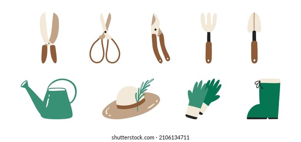 Vector set of gardening tools - scissors, pruning shears, rubber gloves, boots, hat, watering can. All elements are isolated on a white background. Springtime